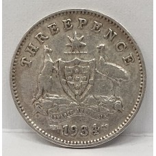 AUSTRALIA 1934/3 . THREEPENCE . OVERDATE . NEARLY FULL ADVANCE AUSTRALIA